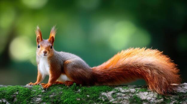 ardilla encaramado en un musgo cubierto Iniciar sesión con vibrante naranja cola foto