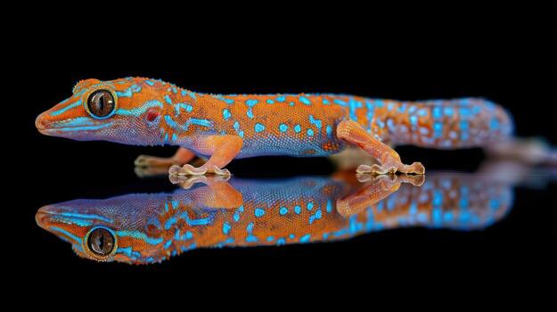 Vibrant gecko lizard with unique orange and blue patterns reflected on surface photo