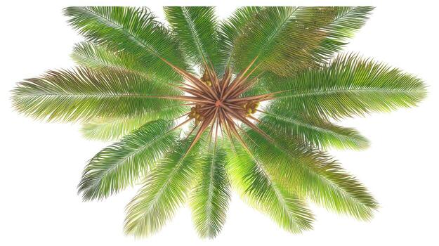 Overhead view of lush green palm tree isolated on white background photo