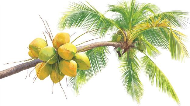 Coconut palm branch with fresh coconuts and green leaves isolated photo