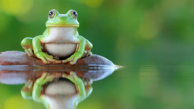 Green tree frog perched above water reflecting against blurred green background photo