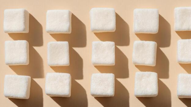 Arrangement of white sugar cubes on a beige background overhead view photo