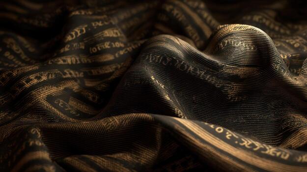 Textured fabric with intricate patterns and warm colors in soft lighting photo