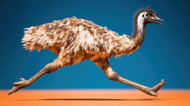 Running emu against a blue background in an orange environment photo