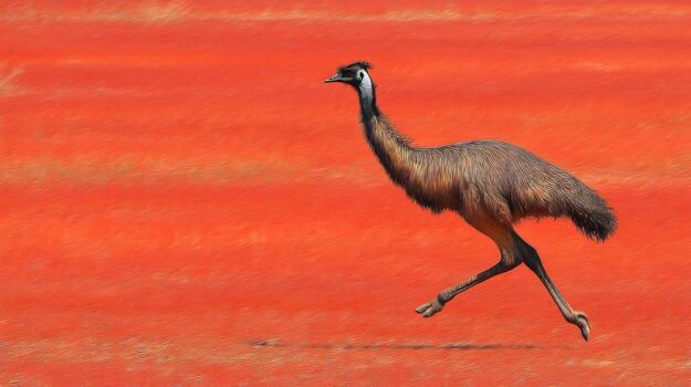 Emu running across red surface isolated wildlife animal in action photo