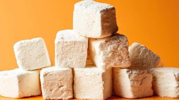 apilar de Fresco Malvaviscos en un vibrante naranja antecedentes estudio Disparo foto