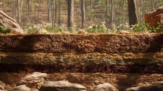 Cross section of soil layers with forest background and plants - photo