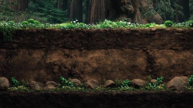 Cross section of forest soil with vegetation and e-h layers photo