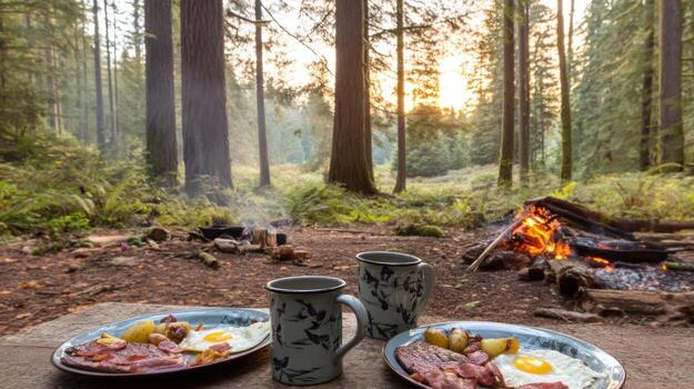 Breakfast meal with fire and mugs in a forest daytime setting photo