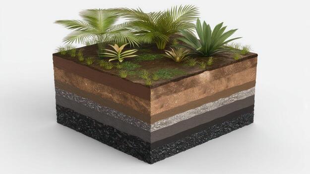 Cross section of soil layers with plants - on white background photo