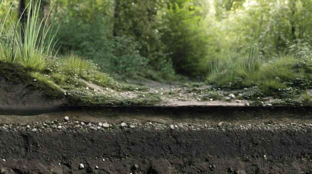 Soil layers of ground cut showing different textures and elements photo