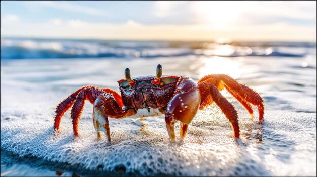 Close up of a crab on the beach with ocean waves and sunlight backdrop photo