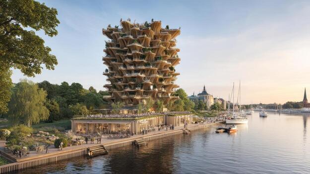 Modern architectural - of a unique multi level residential building on the waterfront photo