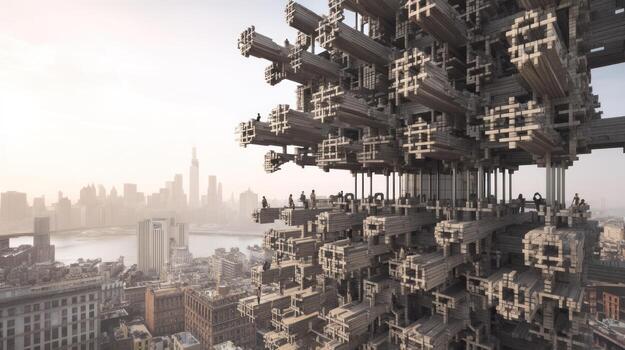 Futuristic architectural structure against a cityscape at daytime photo