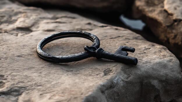 Antique key on textured rock surface against blurred background photo