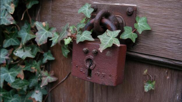 Old rusty padlock covered in ivy on a wooden door security - photo