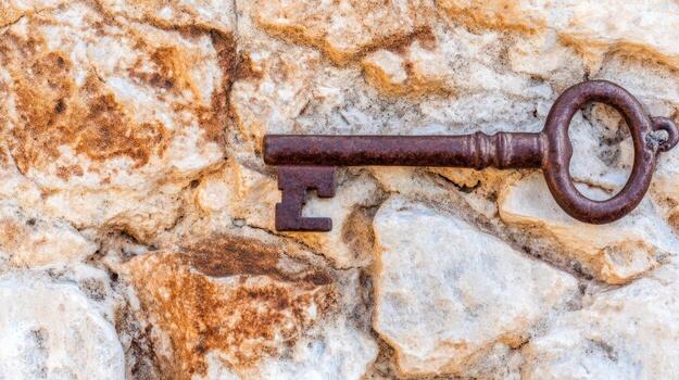 Vintage key resting on a weathered stone wall surface background photo
