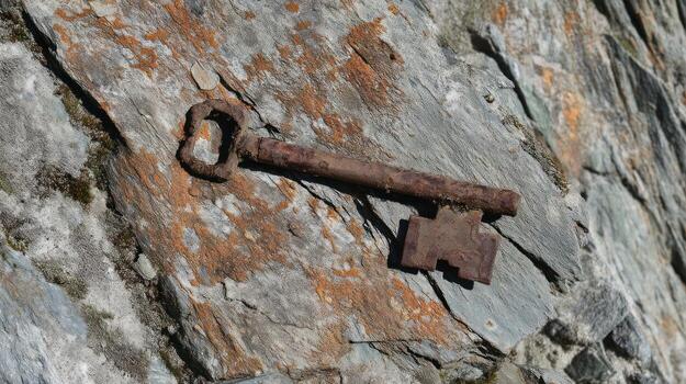 Old key resting on weathered stone surface with rusty details photo