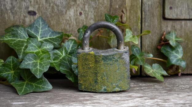 Weathered lock amidst ivy security and nature harmony - photo