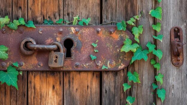 antiguo oxidado puerta bloquear con hiedra en de madera superficie de cerca foto