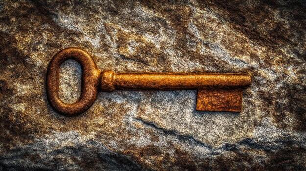 Detailed close up of an old antique key resting on a textured stone photo