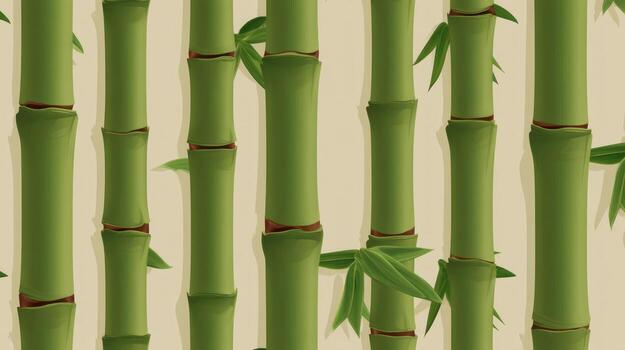 Green bamboo stalks with leaves on beige background seamless pattern photo