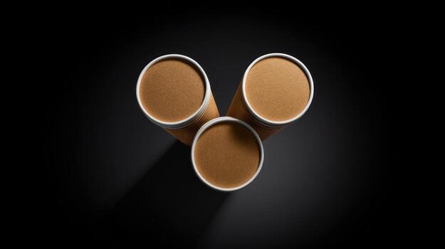 Three brown cylindrical objects against a dark background in overhead studio shot photo