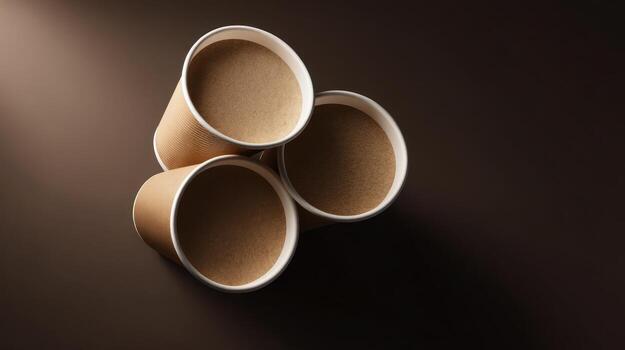 Overhead shot of coffee cups on brown surface with light photo
