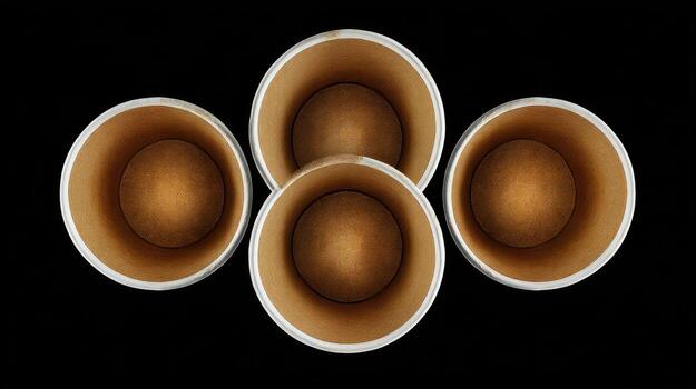Four empty paper cups in overhead composition on black background photo
