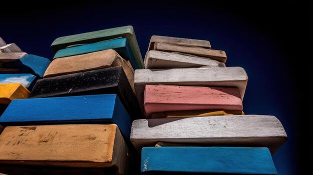 Stacked colorful rectangular blocks against dark blue background photo