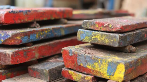 Close up of weathered rectangular objects with painted surfaces textures photo