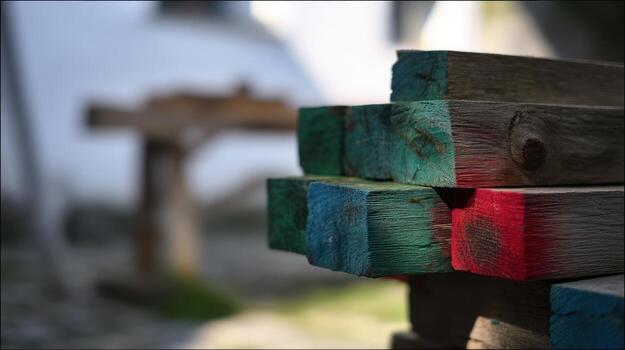 Colorful wooden blocks with blurred background for - and construction photo