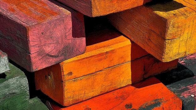 Close up of vibrant colored wooden blocks in stacked arrangement photo