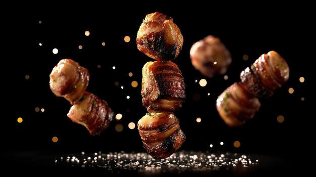 gastrónomo tocino envuelto aperitivos aislado en negro antecedentes con bokeh efecto foto