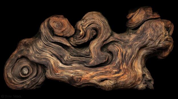 Textured wood sculpture against black background creating -- photo