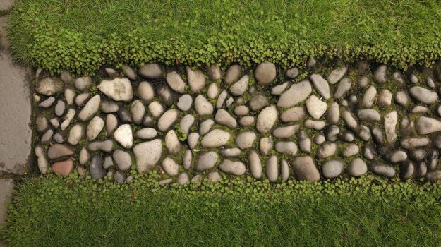 Stone pathway with green grass borders in outdoor setting photo