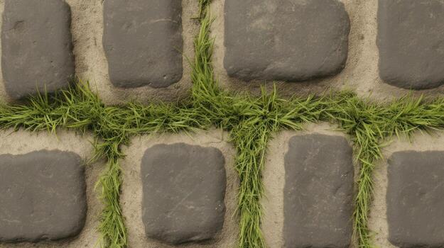 Stone paving with green grass texture for background or surface photo