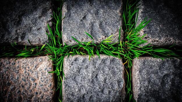 Close up of cobblestone path with vibrant green grass in between stones photo