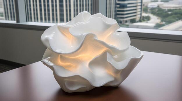 -white sculpture with soft forms on a table near a window photo