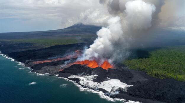 Volcanic eruption with lava flow and billowing steam against a coastline backdrop photo