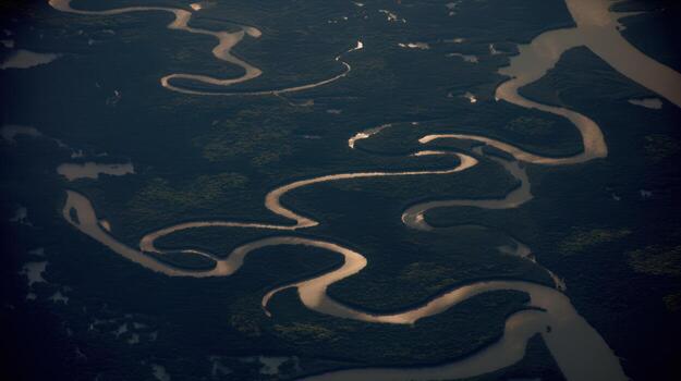 Aerial view of winding river system through lush forest landscape photo
