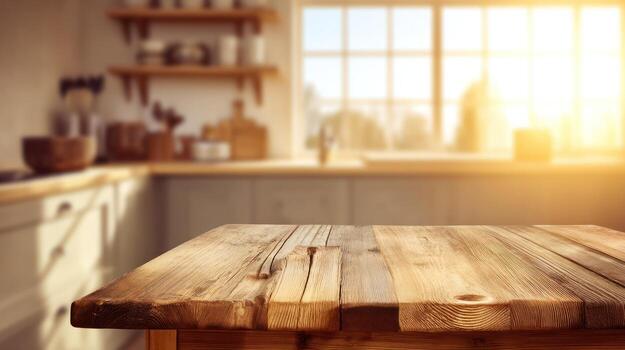 de madera mesa en un cocina ajuste con luz de sol y Copiar espacio foto
