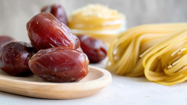 Close up of dates and pasta with blurred ingredients on white surface photo