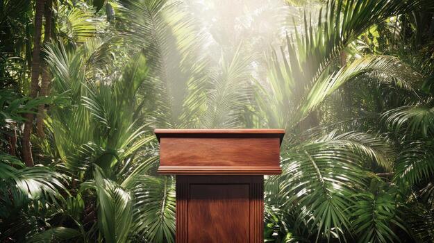 Wooden podium in lush forest setting with sunlight shining through photo