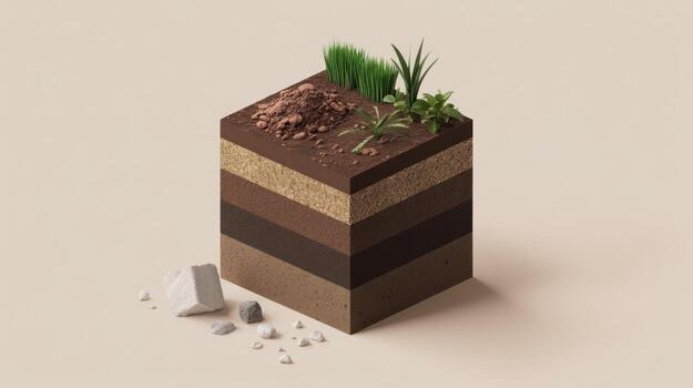 Isometric cube - of soil layers with plants and stones photo