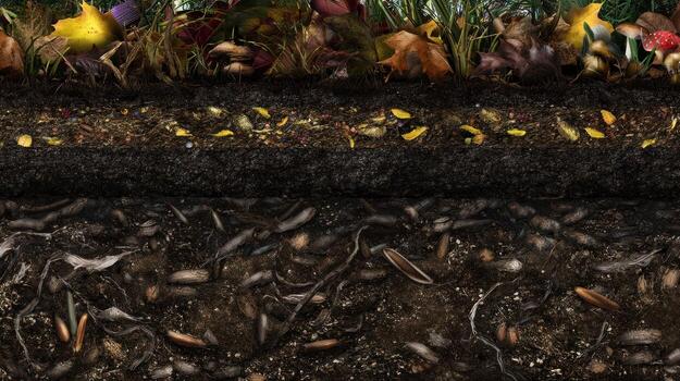 Cross section of soil layers with organic matter - photo