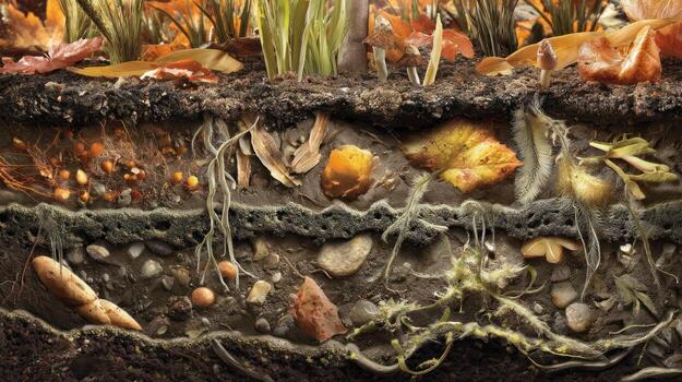 Cross section of soil layers illustrating the natural environment and its elements photo