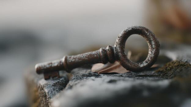 Close up of a weathered key resting on a stone surface outdoors photo
