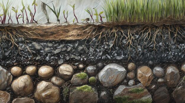 Cross section of soil layers showing roots and vegetation - photo