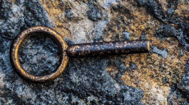 Close up of an antique key on a textured rock surface detailed macro shot photo